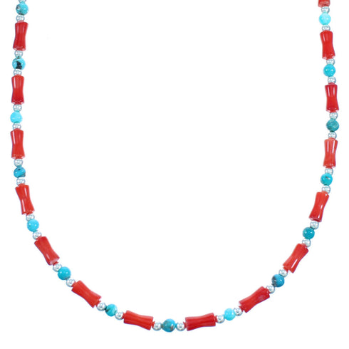 Turquoise And Coral Authentic Sterling Silver Bead Necklace LX114587